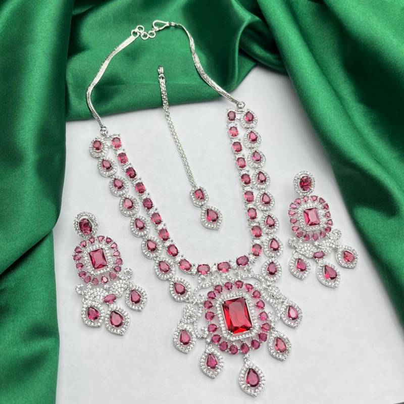 ruby red cz statement necklace earrings set, silver finish bridal gala jewellery