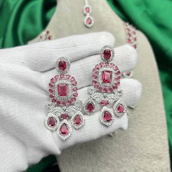 ruby red cz statement necklace earrings set, silver finish bridal gala jewellery 3