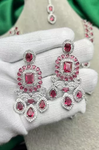 ruby red cz statement necklace earrings set, silver finish bridal gala jewellery