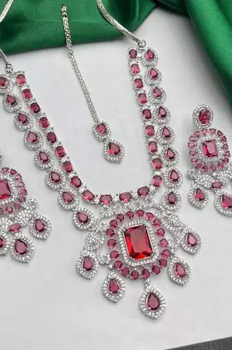 ruby red cz statement necklace earrings set, silver finish bridal gala jewellery