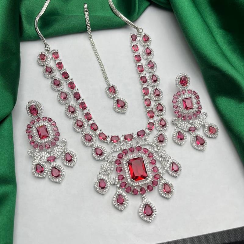 ruby red cz statement necklace earrings set, silver finish bridal gala jewellery