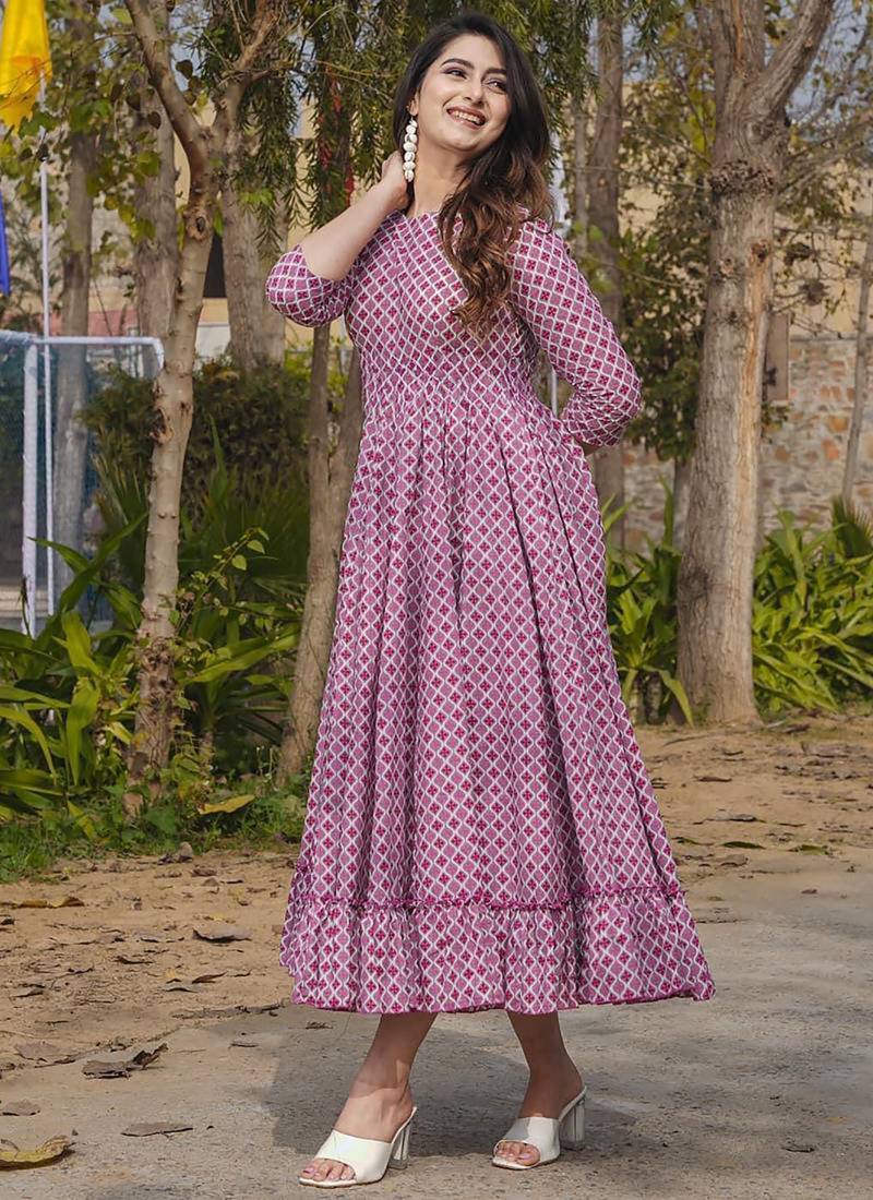 Onion pink rayon digital print designer gown for festive