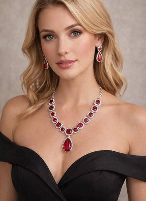 ruby red crystal necklace earrings set silver plated bridal jewellery 1