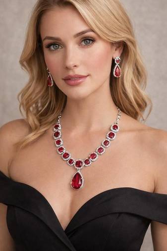 ruby red crystal necklace earrings set: silver plated bridal jewellery