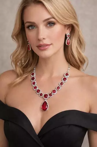 ruby red crystal necklace earrings set: silver plated bridal jewellery