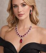 ruby red crystal necklace earrings set silver plated bridal jewellery