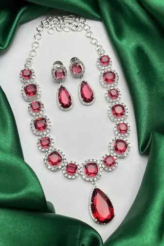 ruby red crystal necklace earrings set: silver plated bridal jewellery
