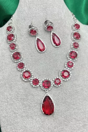 ruby red crystal necklace earrings set: silver plated bridal jewellery