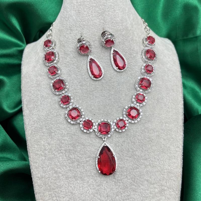 ruby red crystal necklace earrings set silver plated bridal jewellery