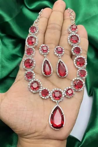 ruby red crystal necklace earrings set: silver plated bridal jewellery