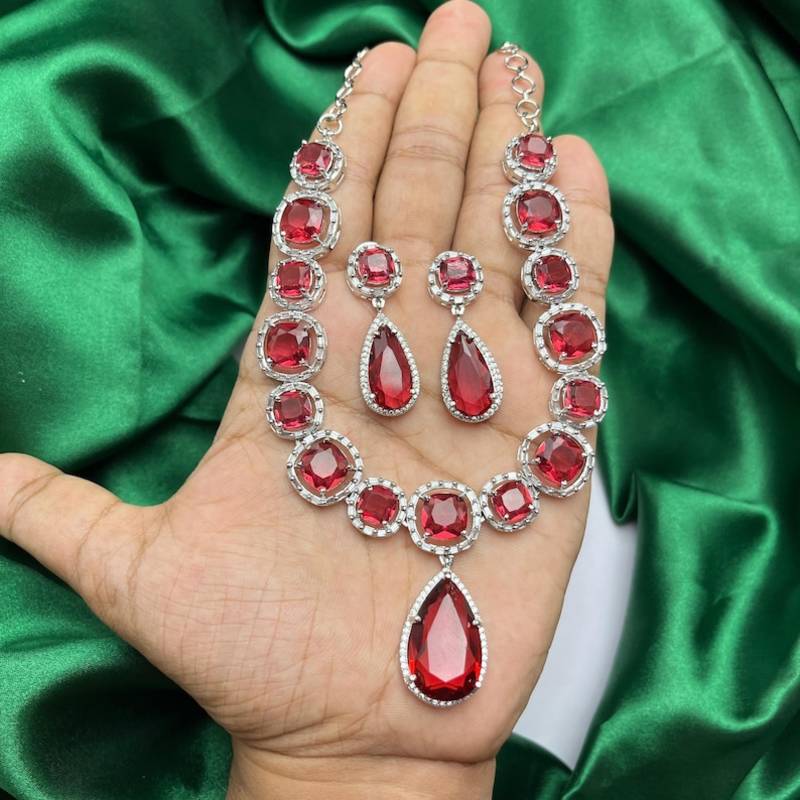 ruby red crystal necklace earrings set silver plated bridal jewellery