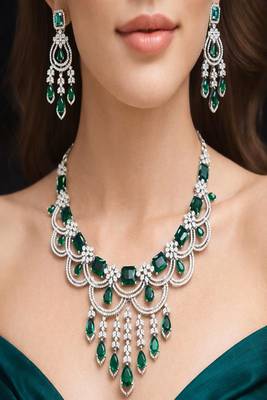 emerald green chandelier necklace earring set, silver-toned bridal jewellery 4
