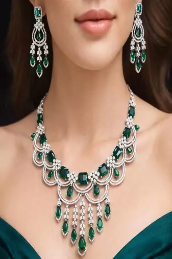 emerald green chandelier necklace earring set, silver-toned bridal jewellery