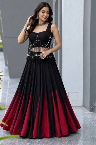 Black Cotton 8 Meter Flared Chaniya Choli For Navratri Set with Padded Dori Blouse for Women (Fully Stitched)