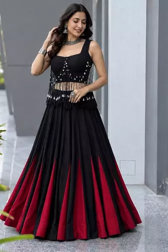 Black Cotton 8 Meter Flared Chaniya Choli For Navratri Set with Padded Dori Blouse for Women (Fully Stitched)