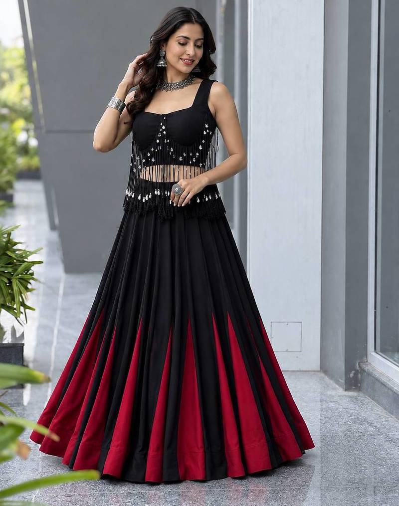 Black Cotton 8 Meter Flared Chaniya Choli For Navratri Set with Padded Dori Blouse for Women (Fully Stitched)