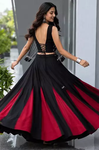 Black Cotton 8 Meter Flared Chaniya Choli For Navratri Set with Padded Dori Blouse for Women (Fully Stitched)