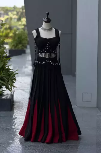 Black Cotton 8 Meter Flared Chaniya Choli For Navratri Set with Padded Dori Blouse for Women (Fully Stitched)