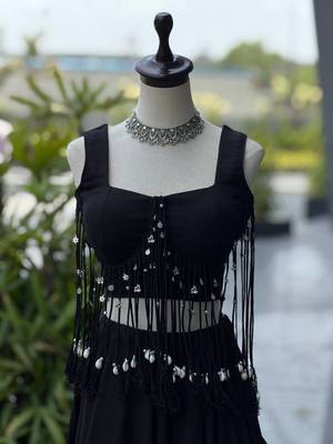 Black Cotton 8 Meter Flared Chaniya Choli For Navratri Set with Padded Dori Blouse for Women (Fully Stitched) 4