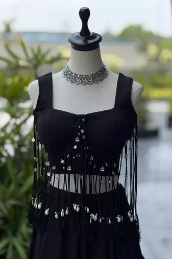 Black Cotton 8 Meter Flared Chaniya Choli For Navratri Set with Padded Dori Blouse for Women (Fully Stitched)