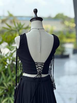 Black Cotton 8 Meter Flared Chaniya Choli For Navratri Set with Padded Dori Blouse for Women (Fully Stitched) 5