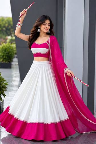 White & Rani Pink Cotton Chaniya Choli For Navratri Set with Mirror Work Lace & Pure Georgette Embroidered Dupatta