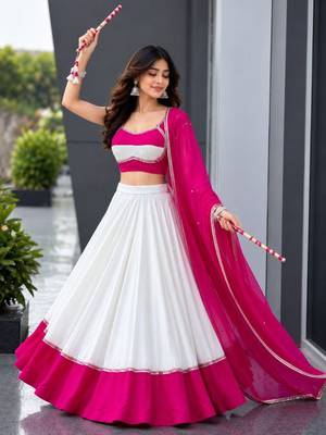 White & Rani Pink Cotton Chaniya Choli For Navratri Set with Mirror Work Lace & Pure Georgette Embroidered Dupatta 1