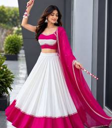White & Rani Pink Cotton Chaniya Choli For Navratri Set with Mirror Work Lace & Pure Georgette Embroidered Dupatta