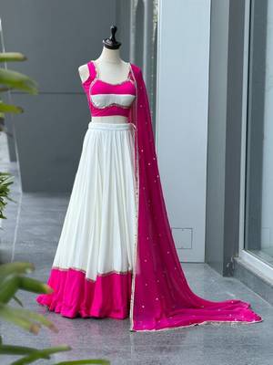 White & Rani Pink Cotton Chaniya Choli For Navratri Set with Mirror Work Lace & Pure Georgette Embroidered Dupatta 2