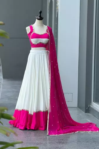White & Rani Pink Cotton Chaniya Choli For Navratri Set with Mirror Work Lace & Pure Georgette Embroidered Dupatta