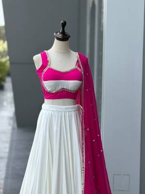 White & Rani Pink Cotton Chaniya Choli For Navratri Set with Mirror Work Lace & Pure Georgette Embroidered Dupatta 3