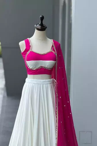 White & Rani Pink Cotton Chaniya Choli For Navratri Set with Mirror Work Lace & Pure Georgette Embroidered Dupatta
