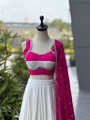 White & Rani Pink Cotton Chaniya Choli For Navratri Set with Mirror Work Lace & Pure Georgette Embroidered Dupatta 4