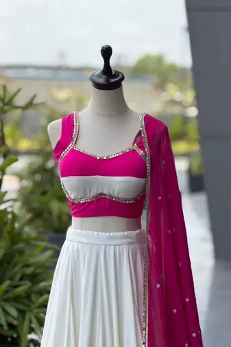White & Rani Pink Cotton Chaniya Choli For Navratri Set with Mirror Work Lace & Pure Georgette Embroidered Dupatta