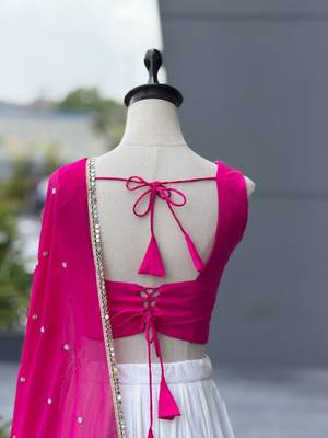 White & Rani Pink Cotton Chaniya Choli For Navratri Set with Mirror Work Lace & Pure Georgette Embroidered Dupatta 5