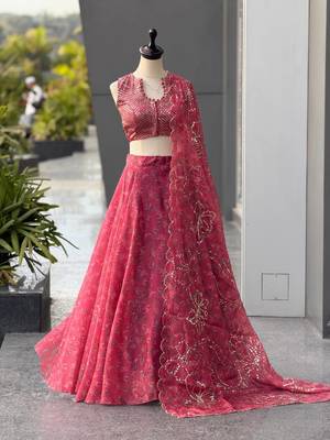 Pink Printed Jimmy OrganzaChaniya Choli For Navratri Set with Embroidered Sequins Dupatta & Batwa Bag 1