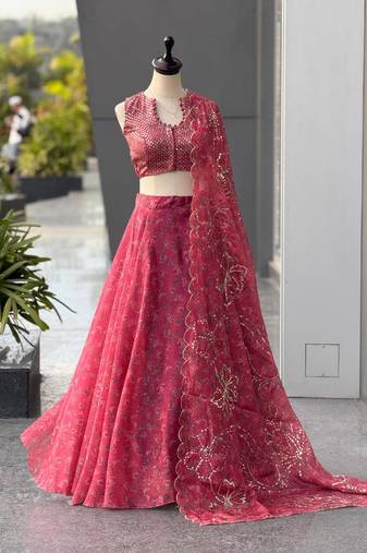 Pink Printed Jimmy OrganzaChaniya Choli For Navratri Set with Embroidered Sequins Dupatta & Batwa Bag