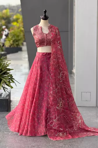 Pink Printed Jimmy OrganzaChaniya Choli For Navratri Set with Embroidered Sequins Dupatta & Batwa Bag