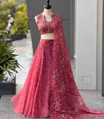 Pink Printed Jimmy OrganzaChaniya Choli For Navratri Set with Embroidered Sequins Dupatta & Batwa Bag