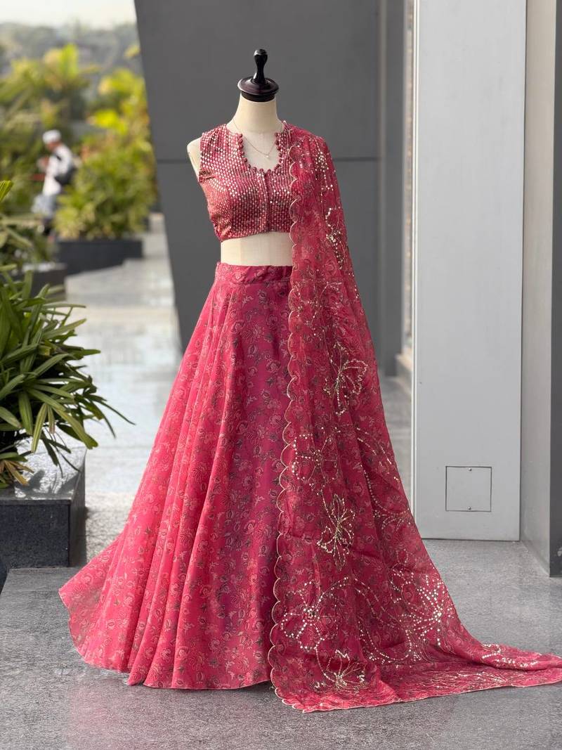 Pink Printed Jimmy OrganzaChaniya Choli For Navratri Set with Embroidered Sequins Dupatta & Batwa Bag