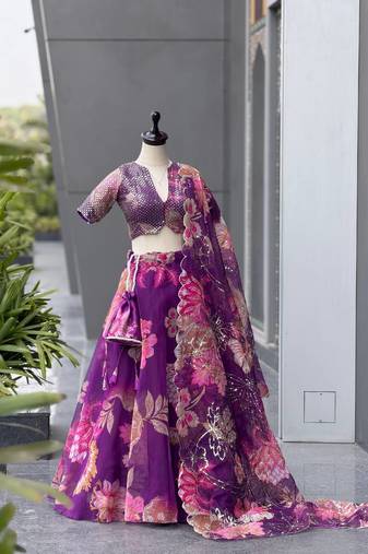 Purple Digital Printed Organza Chaniya Choli For Navratri Set with Sequins Blouse & Matching Dupatta 