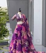 Purple Digital Printed Organza Chaniya Choli For Navratri Set with Sequins Blouse & Matching Dupatta 