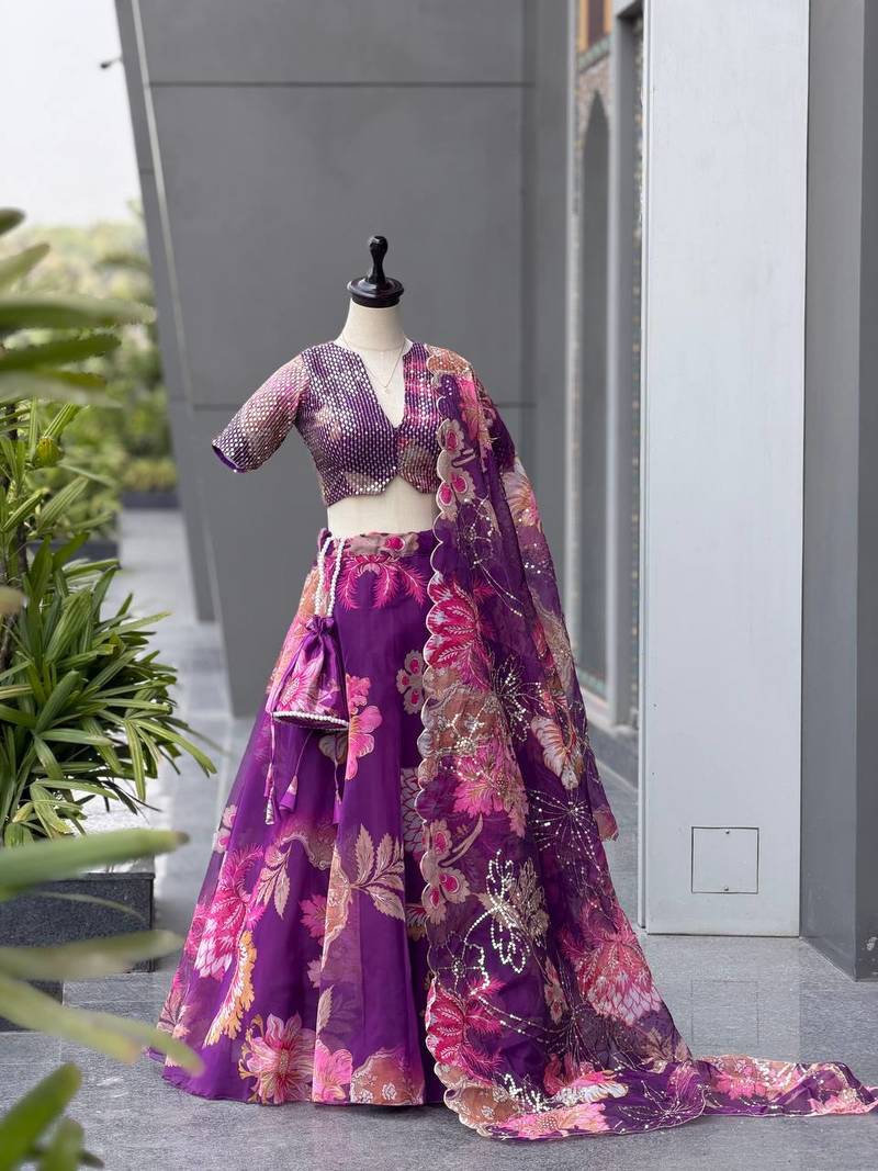 Purple Digital Printed Organza Chaniya Choli For Navratri Set with Sequins Blouse & Matching Dupatta 