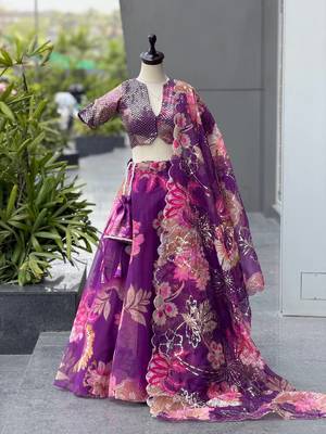Purple Digital Printed Organza Chaniya Choli For Navratri Set with Sequins Blouse & Matching Dupatta  2