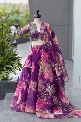 Purple Digital Printed Organza Chaniya Choli For Navratri Set with Sequins Blouse & Matching Dupatta 