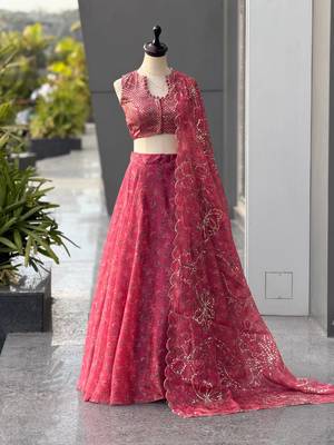 Pink Printed Jimmy OrganzaChaniya Choli For Navratri Set with Embroidered Sequins Dupatta & Batwa Bag 2
