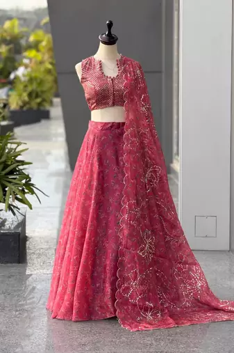Pink Printed Jimmy OrganzaChaniya Choli For Navratri Set with Embroidered Sequins Dupatta & Batwa Bag