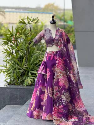 Purple Digital Printed Organza Chaniya Choli For Navratri Set with Sequins Blouse & Matching Dupatta  3