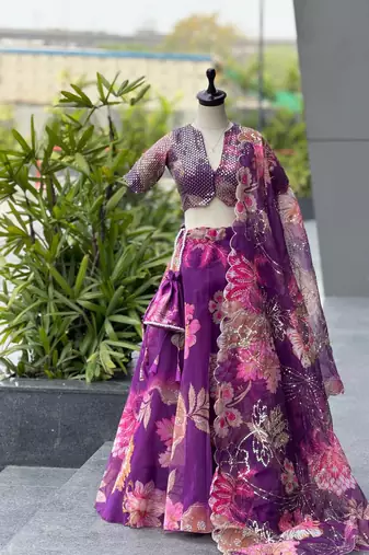 Purple Digital Printed Organza Chaniya Choli For Navratri Set with Sequins Blouse & Matching Dupatta 