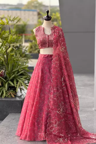 Pink Printed Jimmy OrganzaChaniya Choli For Navratri Set with Embroidered Sequins Dupatta & Batwa Bag